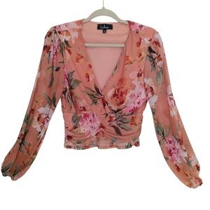 Lulus Floral Crop Top Womens Size Medium Peach Pink Mesh Ruched Balloon Sleeve